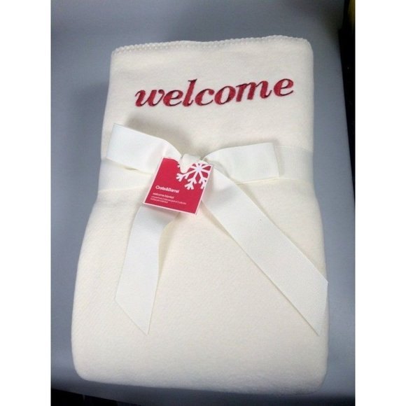 Lambswool Blanket embroidered Welcome Crate & Barrel Full QUEEN guest bedroom bl - Picture 2 of 9